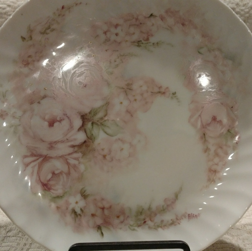 8" Hand Painted Pink Cabbage Roses Plate - Picture 2 of 4